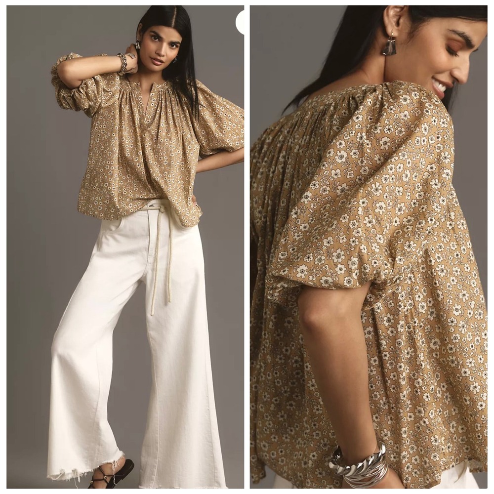 Joe's Jeans Indira Blouse Women S Tan Floral Cottagecore Puff Sleeve V-Neck Top